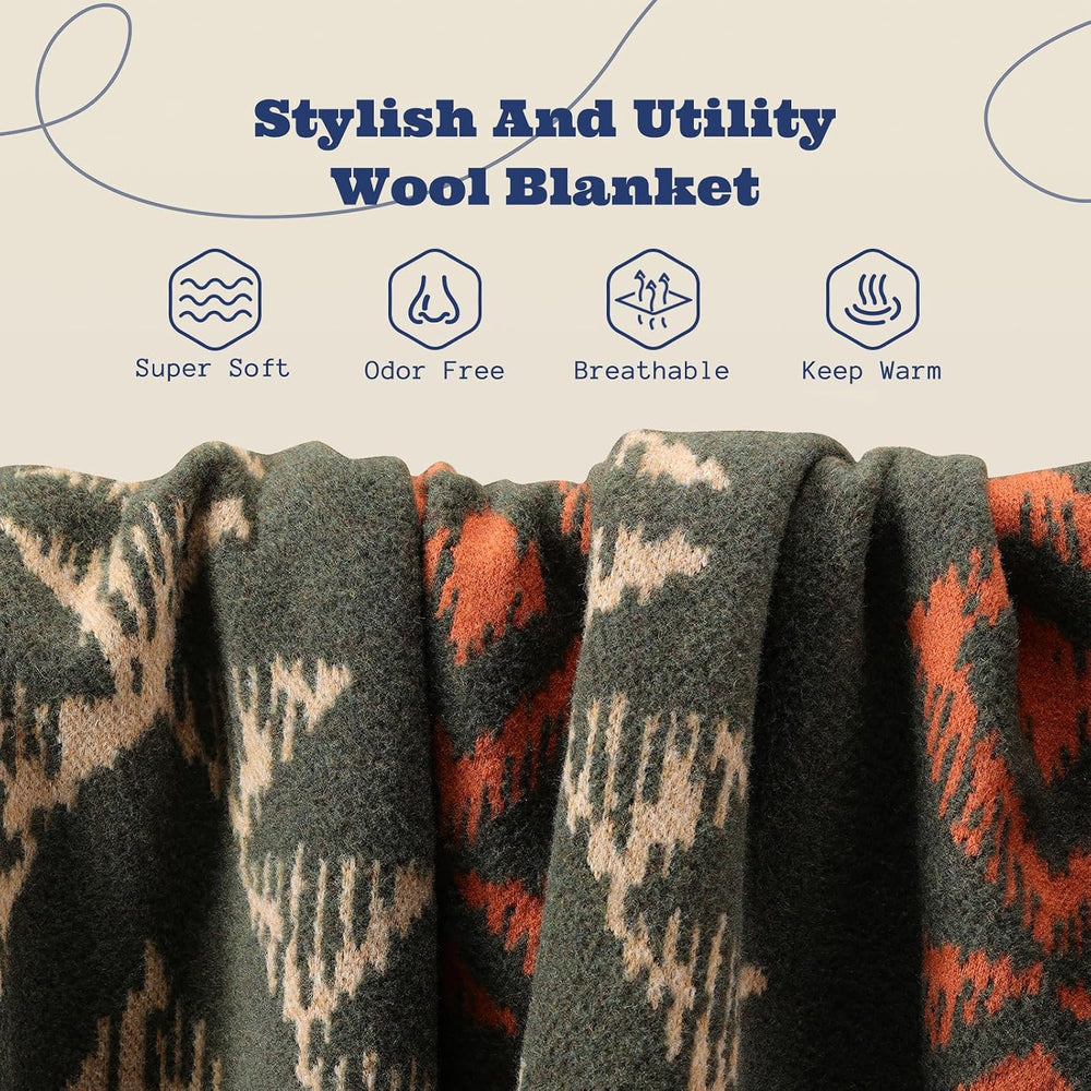 ACUSHLA Merino Wool Camping Blanket Warm Outdoor Travel Throw,Navajo Green