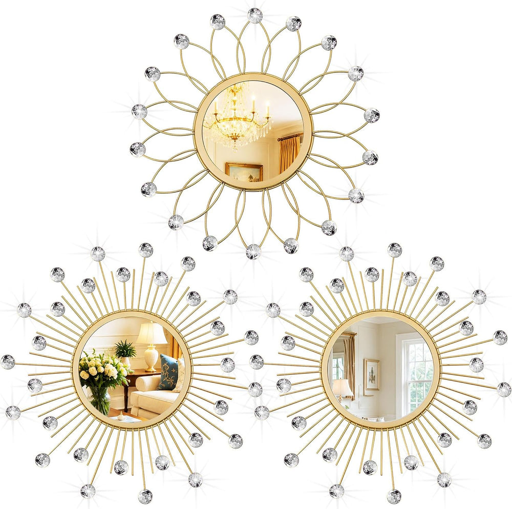3 Pack Metal Mirrors for Wall Sunburst Wall Mirror Gold Crystal Home Accent