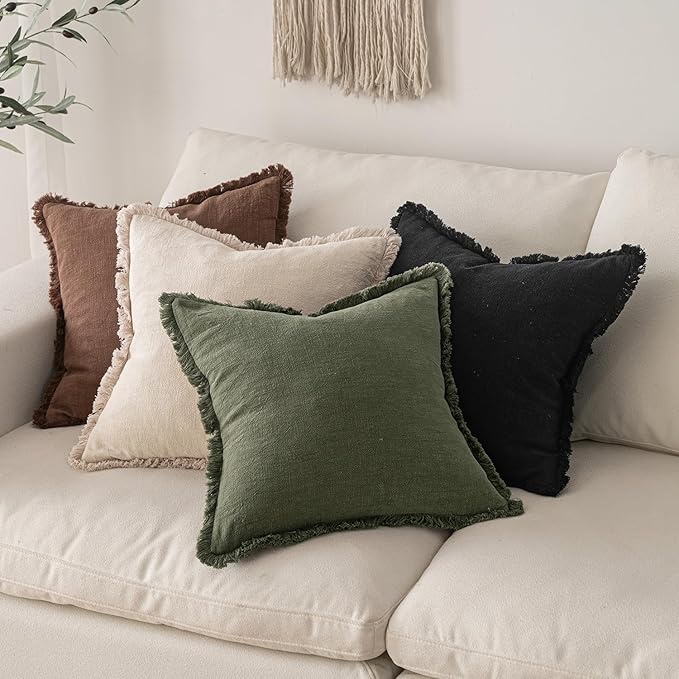 MIULEE Decorative Throw Pillow Covers Neutral Linen Fringe Throw Pillows Set of - Image 5