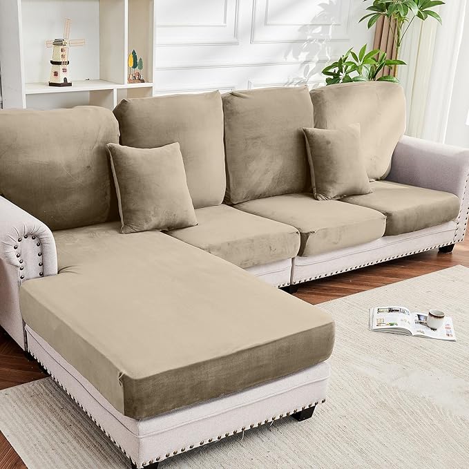 Couch Cover 8-Piece Elastic Velvet Couch Cushion Covers & Chaise Slipcovers by Taque