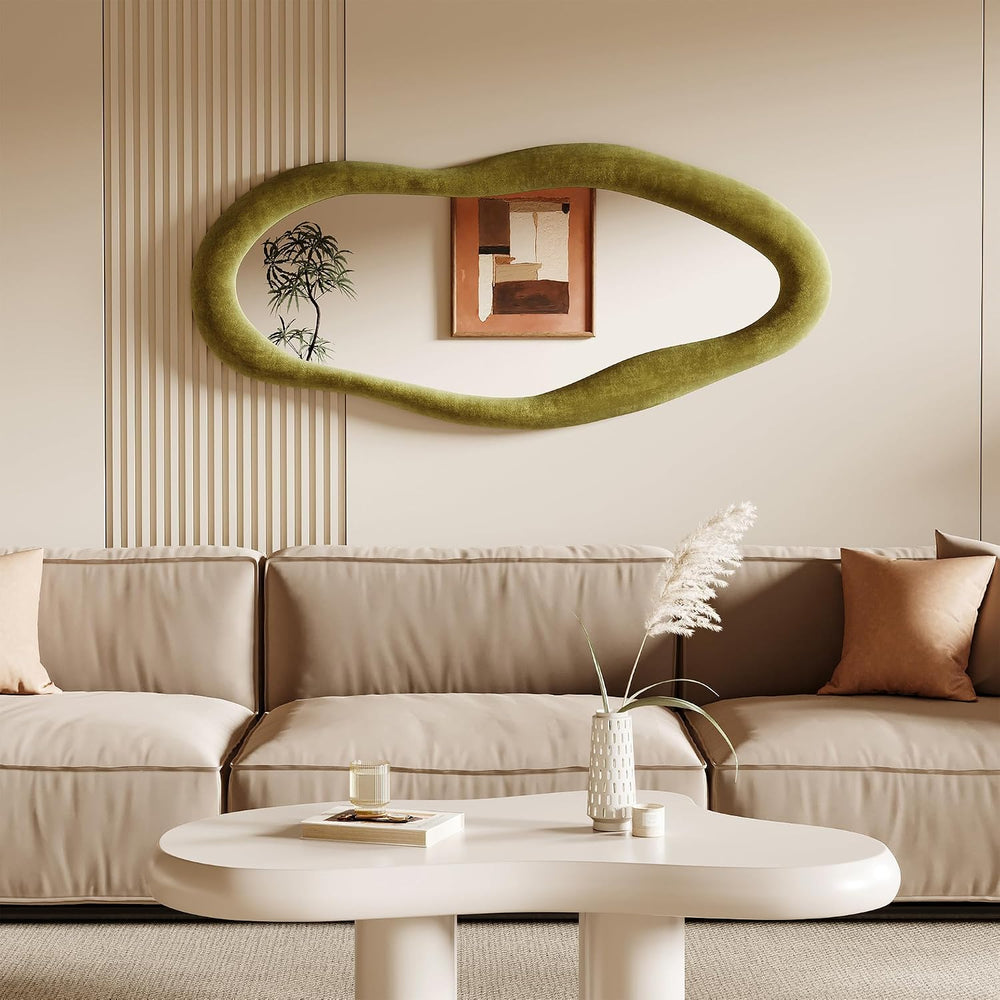 Honyee 55" x 24" Wavy Mirror, Flannel Wrapped Wooden Frame, Irregul...