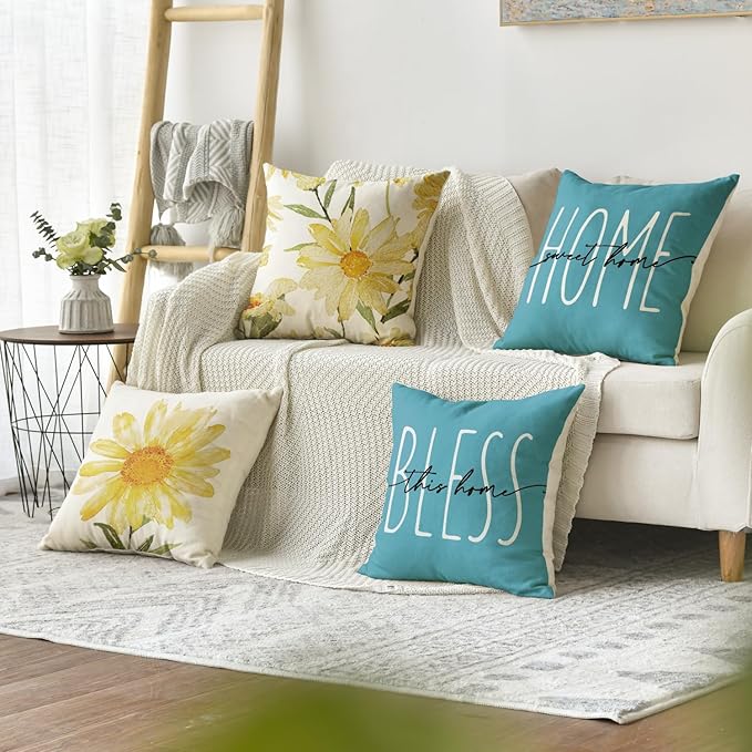 AVOIN colorlife Home Sweet Home Spring Summer Flowers Yellow Throw Pillow Covers - Image 2