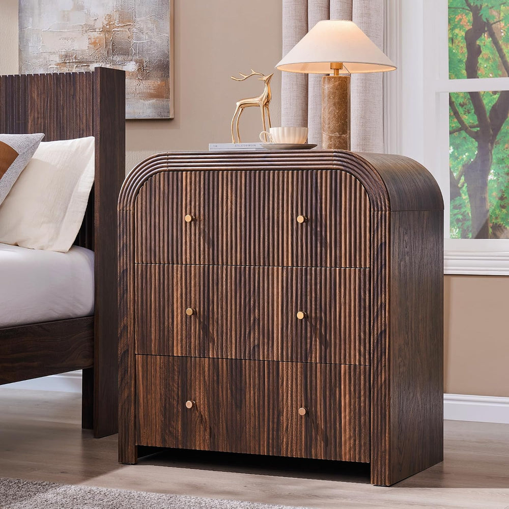 T4TREAM 32" Modern Fluted 3 Drawers Dresser for Bedroom, Dark Walnut