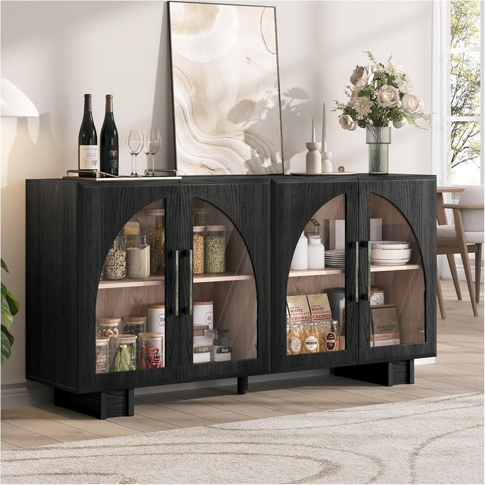JOINICE Sideboard Buffet Cabinet with Storage,63” Modern Accent Console Cabinet with Glass Doors,Arched Credenza Storage Cabinet with Adjustable Shelves for Entryway,Kitchen,Black