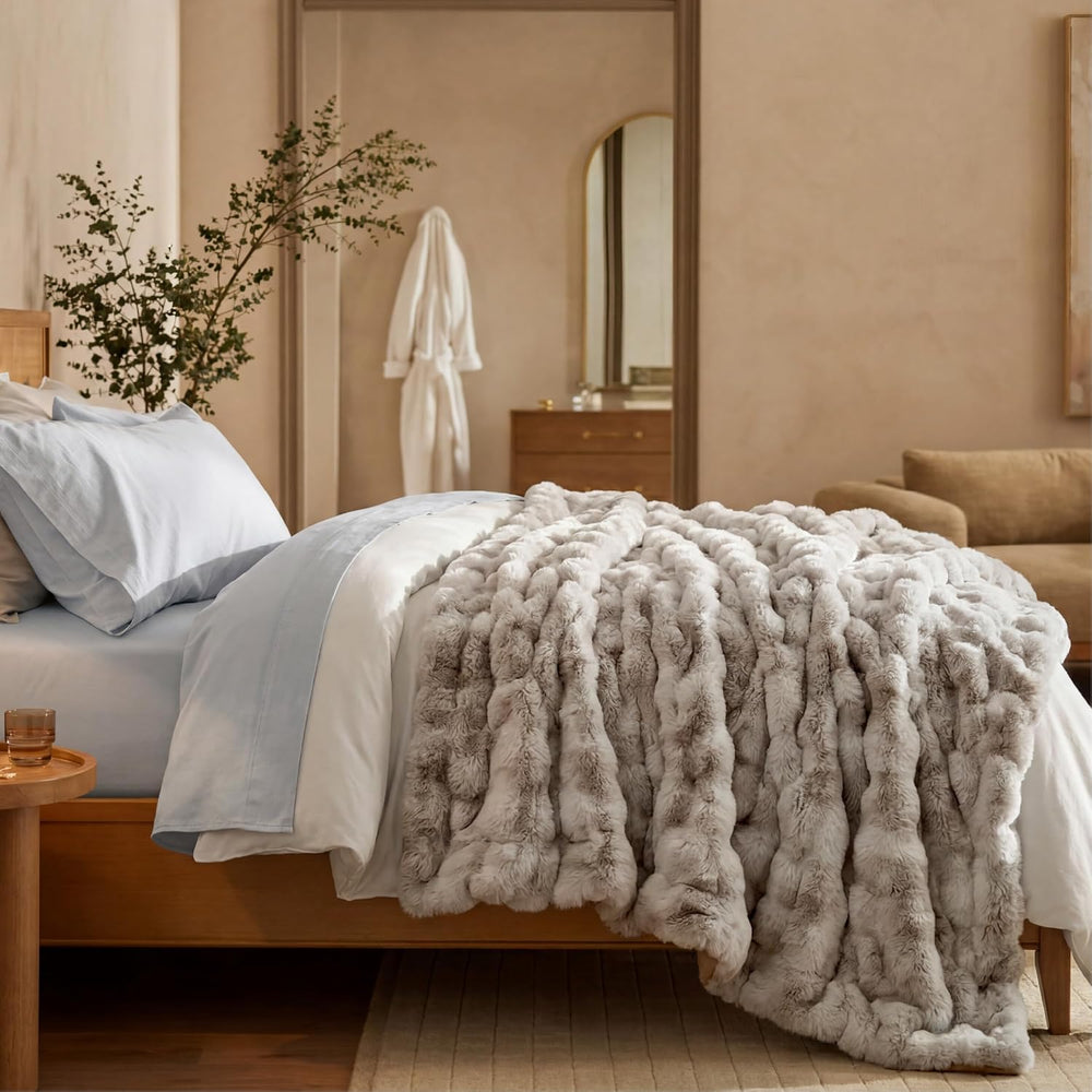 Bedsure Fluffy Bubble Faux Fur Queen Blanket, 90"x90", Tie-dye Taupe