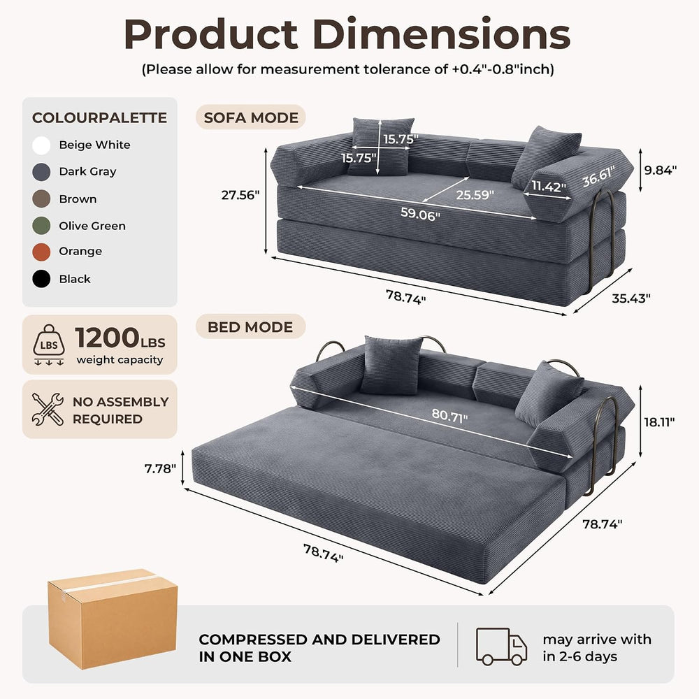 79" Convertible Futon Sofa Bed, Boneless Couch for Living Room | Dark Gray