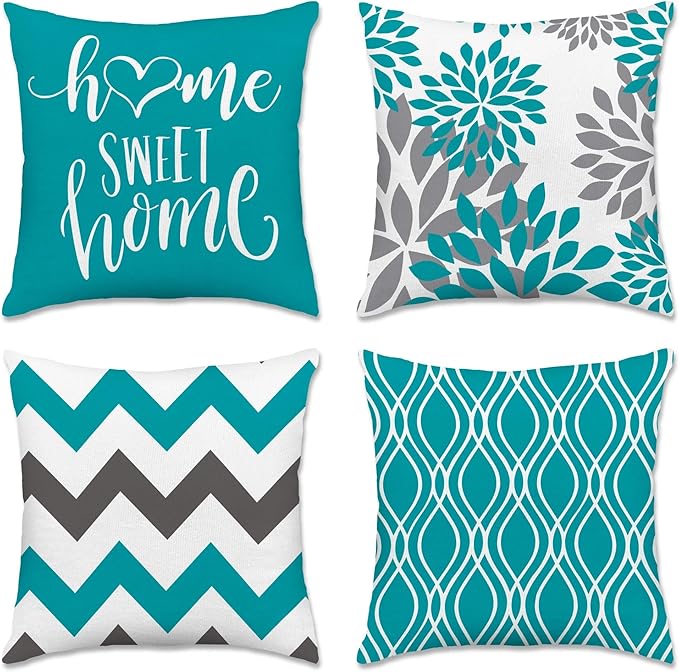 Hexagram Geometric Teal Pillow Covers 18x18 Set of 4, Decorative Outdoor Boho by Hexagram