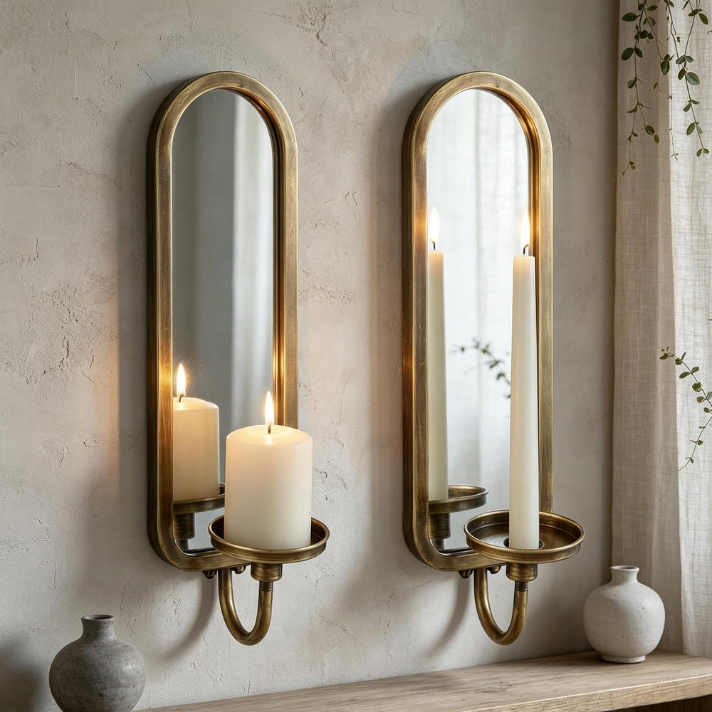 Wall Candle Sconces Arched Metal Candle Holder with Mirror Set