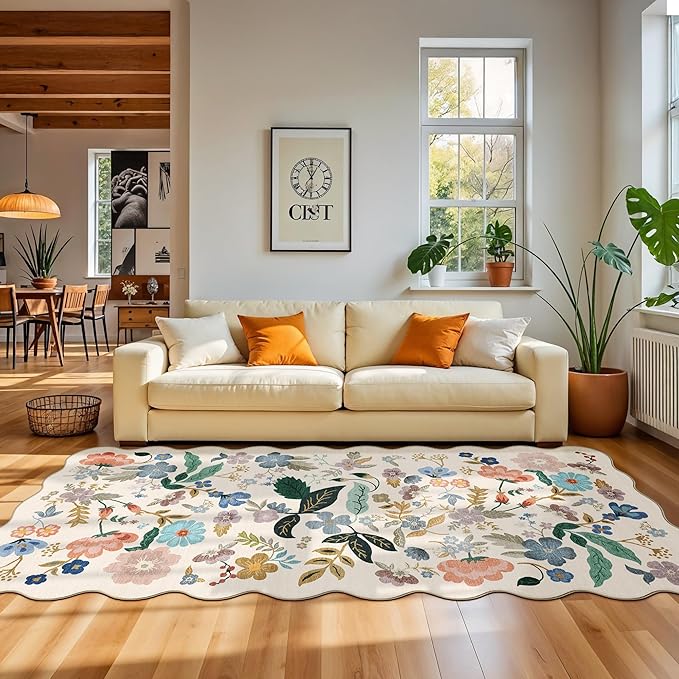 Washable 4x8 Wide Runner Rug: Hallway Entryway Non Slip Scalloped Floral Rug by HYHAOYUNLAI