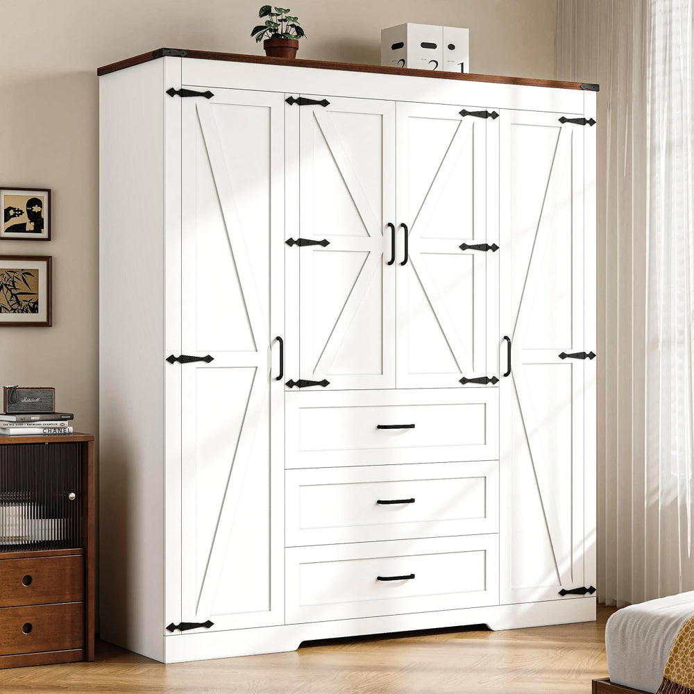 70" Tall Armoire Wardrobe Closet with 4 Doors & 3 Drawers, Farmhouse...