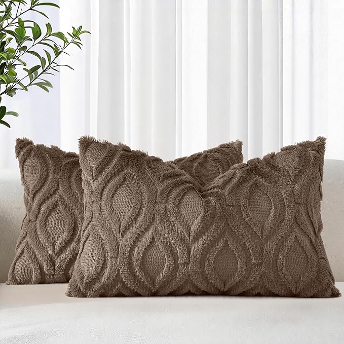 decorUhome Throw Pillow Covers 12x20 Inch Set of 2, Soft Plush Faux Wool Brown by decorUhome