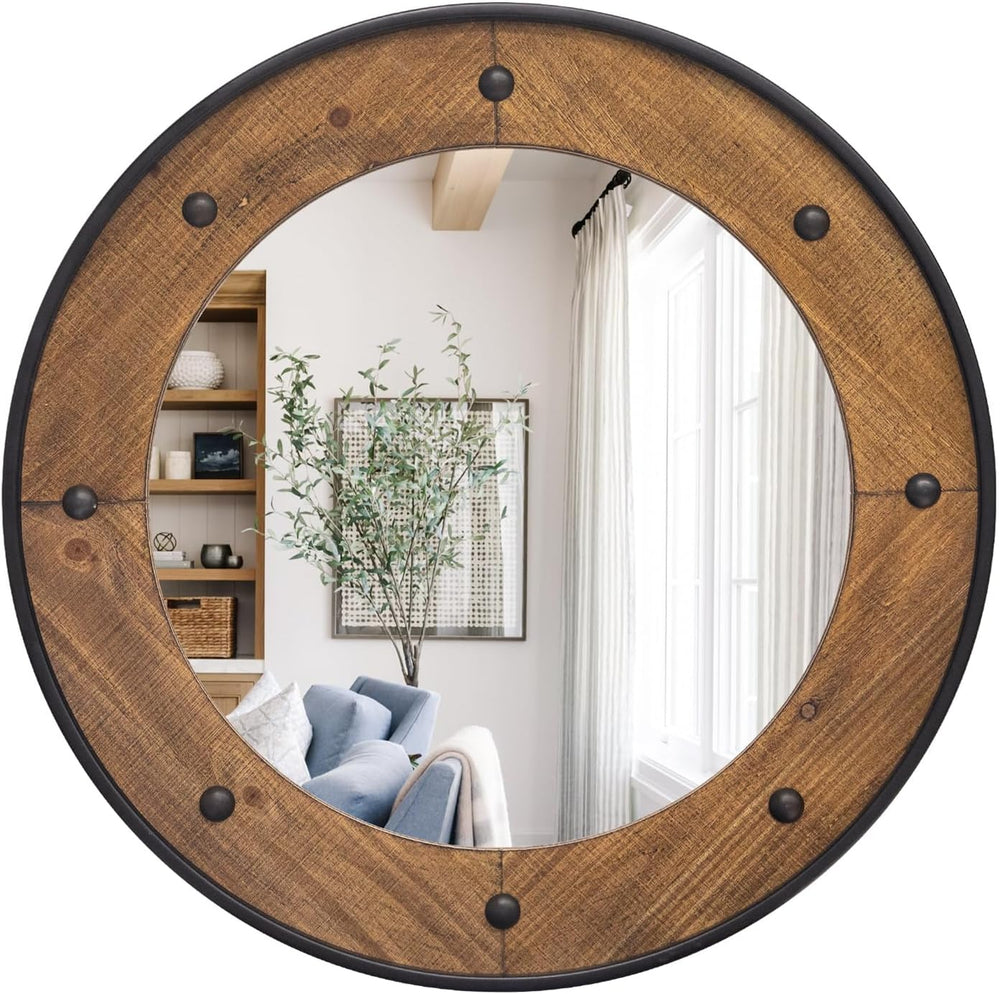 Rustic Round Wall Mirror 30 Inch, Natural Wood Frame with Black Metal Trim, I...