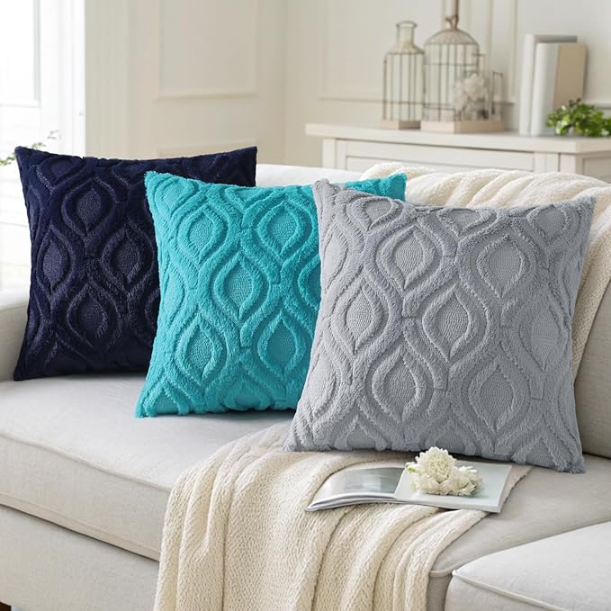 decorUhome Throw Pillow Covers 16x16 Inch Set of 2, Soft Plush Faux Wool Blue - Image 4