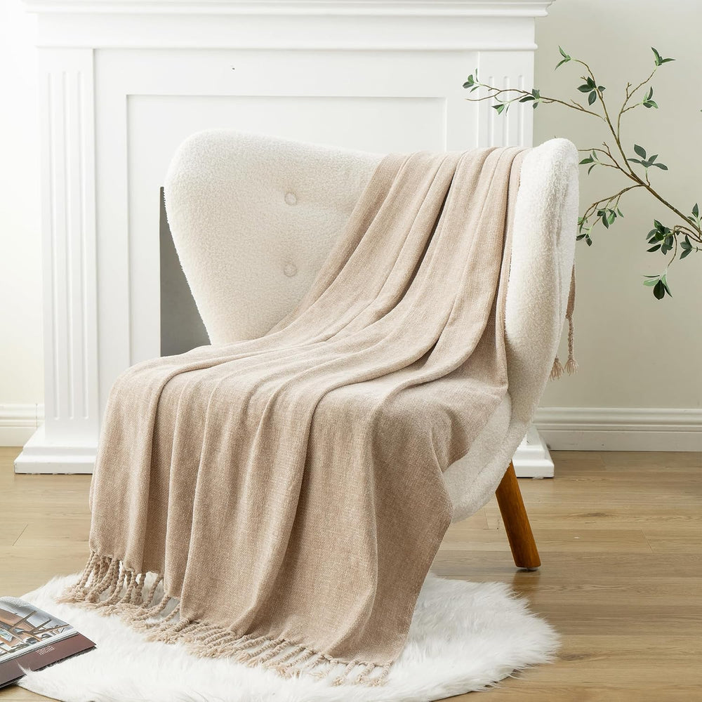 Battilo Beige Chenille Throw Blanket for Couch 50"x60"