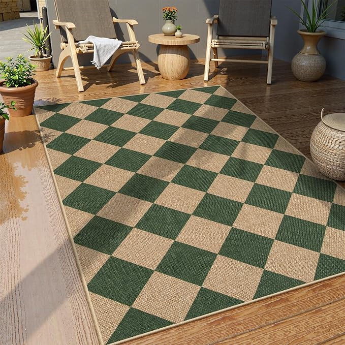 Lahome Colette Checkered Outdoor Patio Easy Jute Rug, 3x5 Dark Green Washable - Image 2