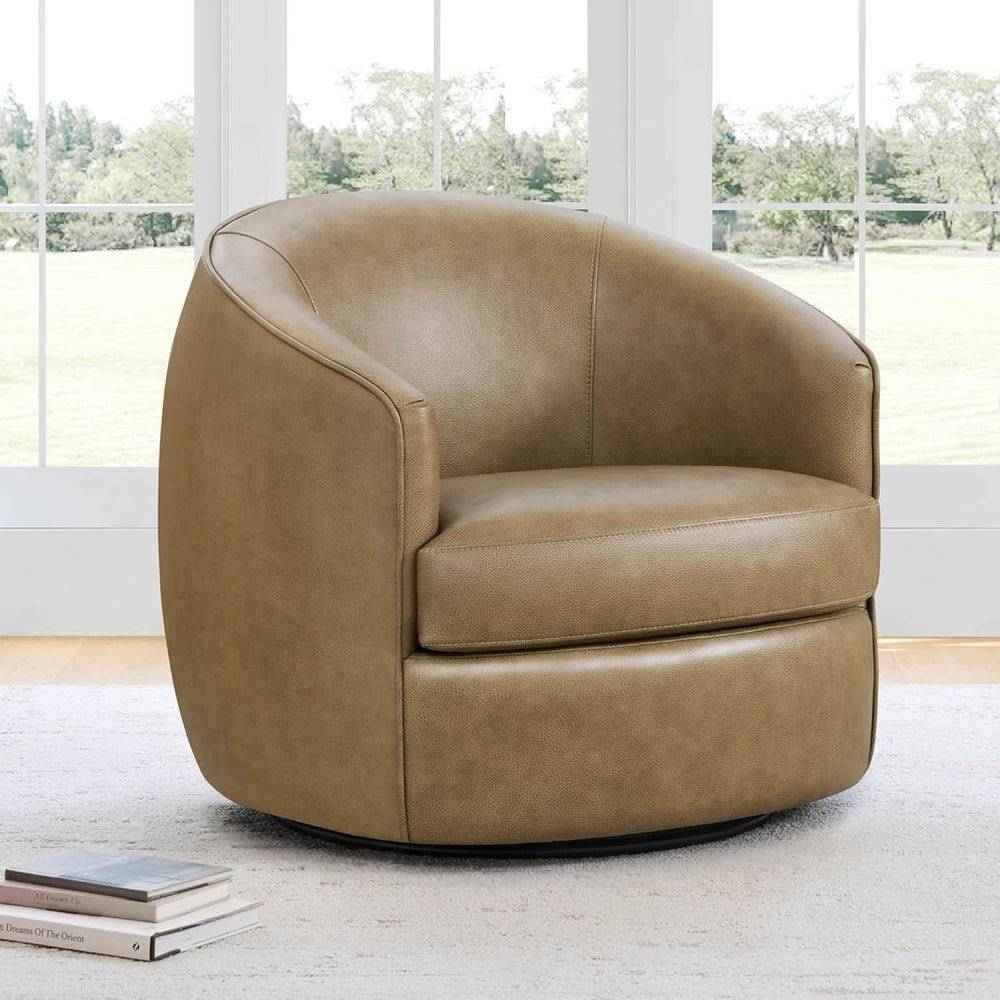 CHITA Genuine Leather Swivel Barrel Accent Chair, Fully Assembled, Mocha