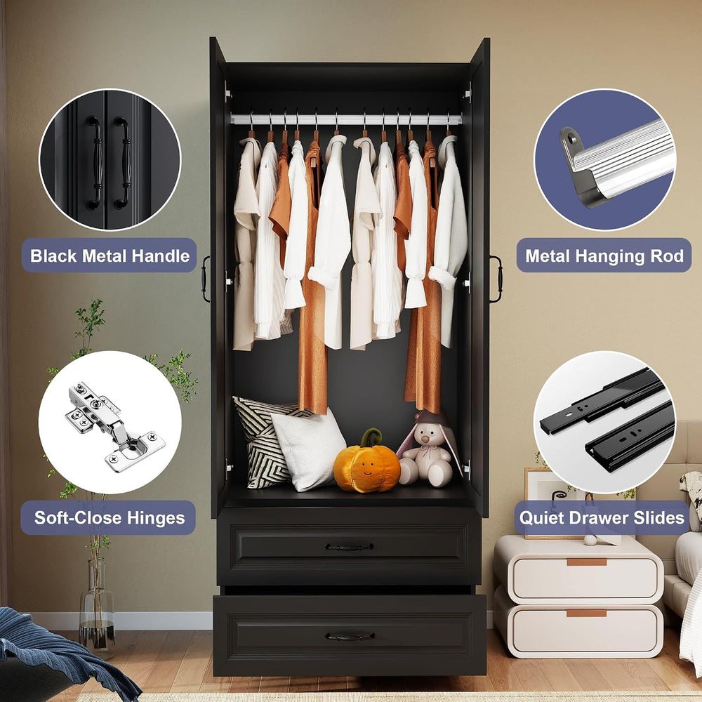 Black Wardrobe Closet with 2 Drawers and 2 Doors, 75" H x 32" W