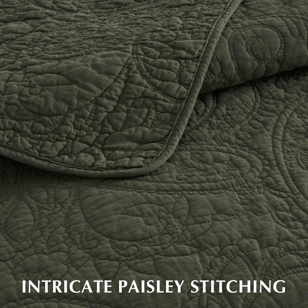 EVERGRACEHOME 100% Cotton Paisley Quilt Set, King Size, Olive Green