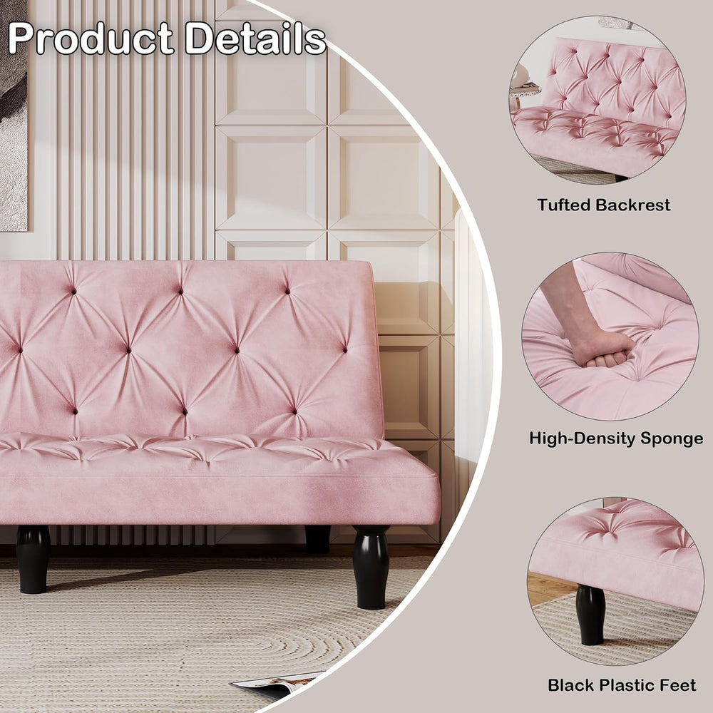 72" Pink Velvet Futon Couch Living Room Couch Bed Convertible Sleeper So...
