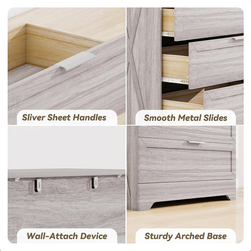 Farmhouse Dresser for Bedroom, 37’’ Tall Wood Chest of Drawers, Wash Grey