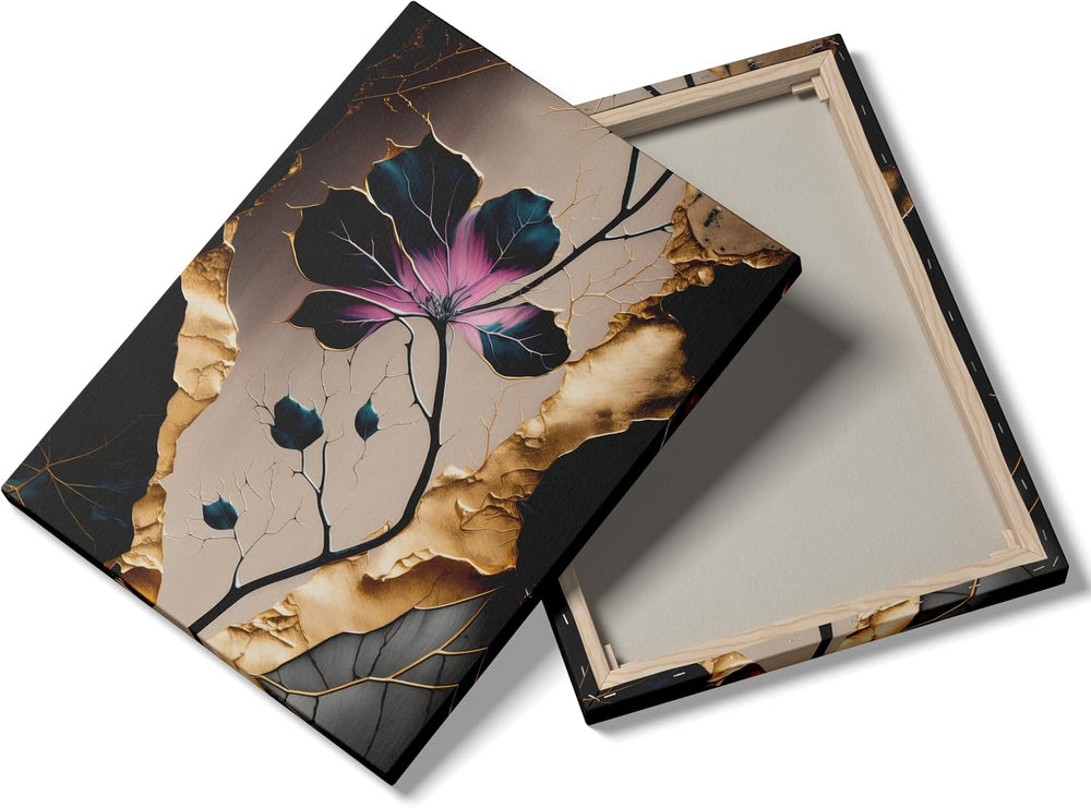 BVVEYKXX Abstract Floral Canvas Wall Art, Purple Gold Fluid Flower Prints