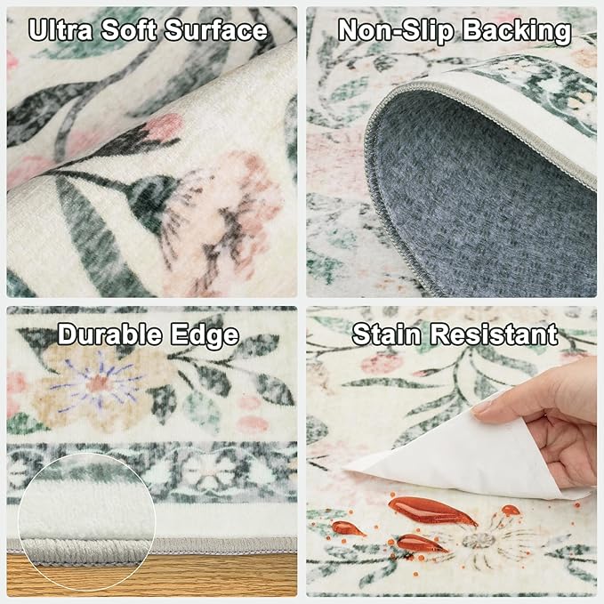 Round Area Rug for Living Room: 4 ft Floral Washable Circle Rug Soft Non-Slip - Image 6