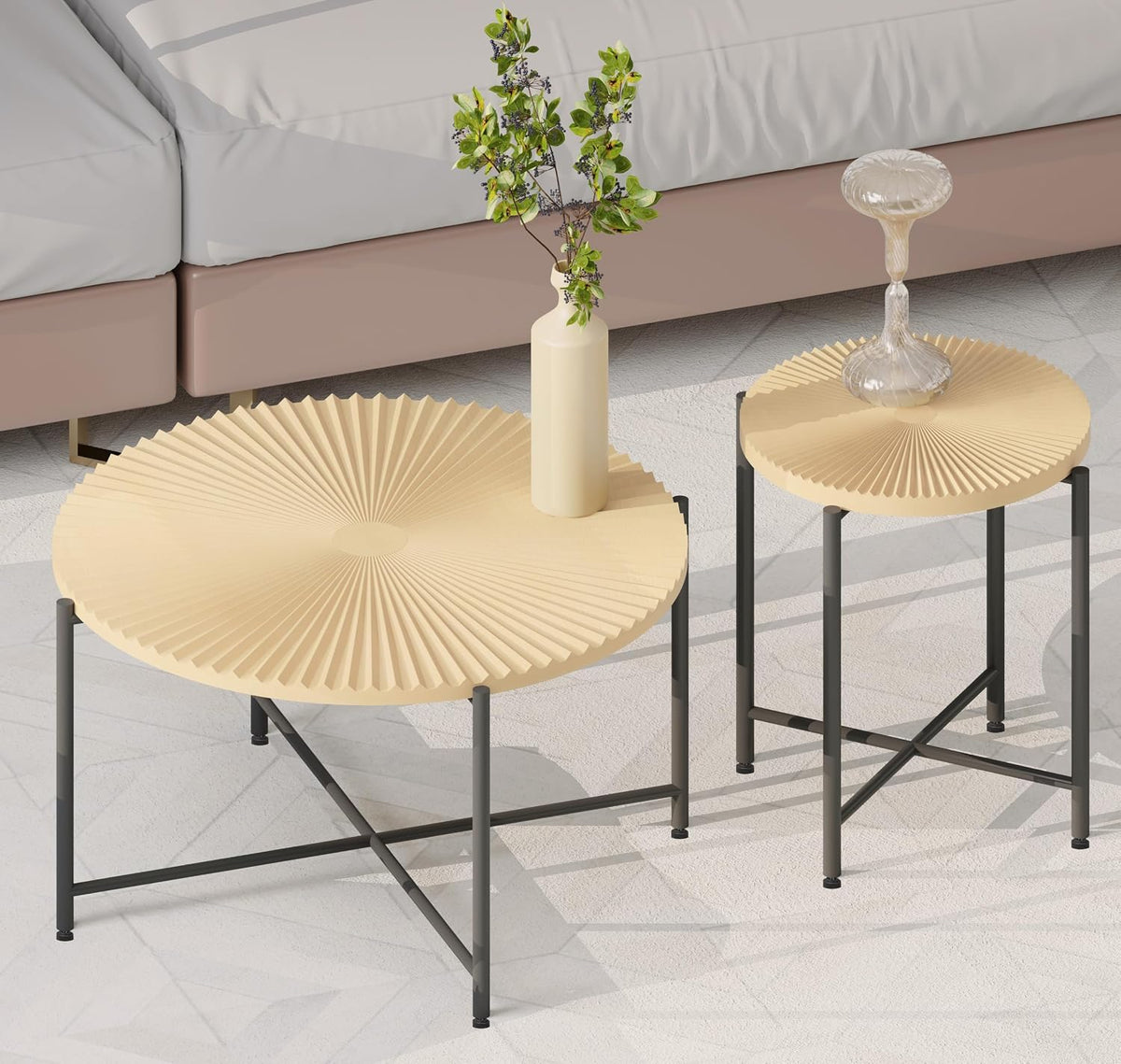 2-Piece Coffee and End Table Set, Round, Oak Natural | Distressed Cylindrical Tabletop with Radial Wood Pattern, Waterproof PVC Cover, Black Metal Legs, Rustic Farmhouse Style