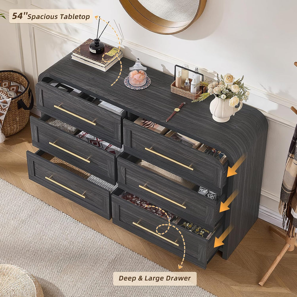 6 Drawer Dresser for Bedroom, Curved Chest of Drawers, Grey