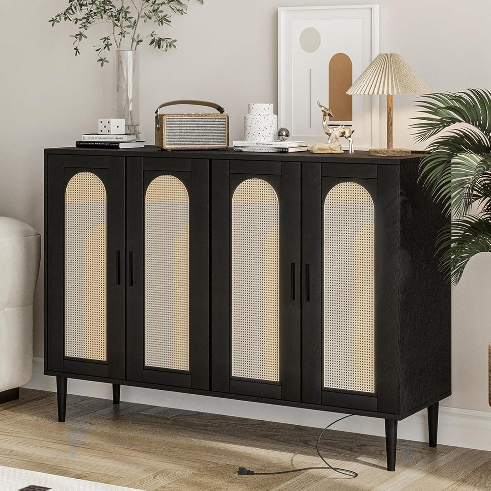Patikuin Rattan Sideboard Buffet Cabinet, Boho Accent Storage Cabinet, 4 Door...
