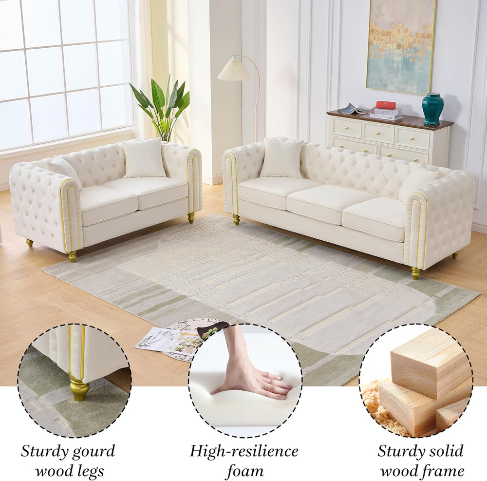 Chesterfield 86" 3-Seater + 63" Loveseat White Velvet Sofa Sets, 3+...