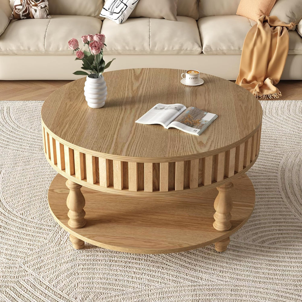 TesNus 31.5'' Round Coffee Table with Storage, Modern Wood Coffee Tab...