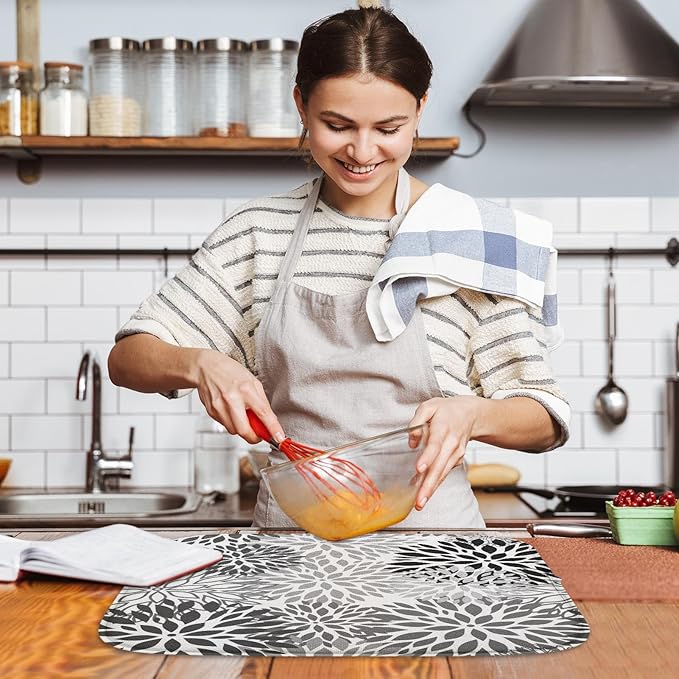 Sanwarm Absorbent Dish Drying Mat, Vintage Spring Leaf Gray Floral Flower - Image 6
