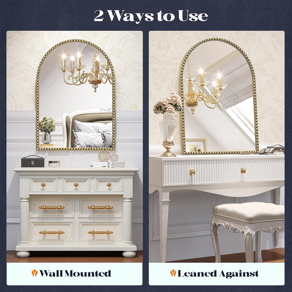 Arched Beaded Mirror for Bathroom,36"x28" Antique Glod Wall Mirror