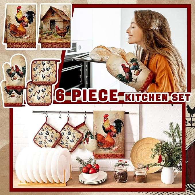 Leinuosen 6 Rooster Farmhouse Kitchen Decor Dish Towels Oven Mitts and Pot - Image 4