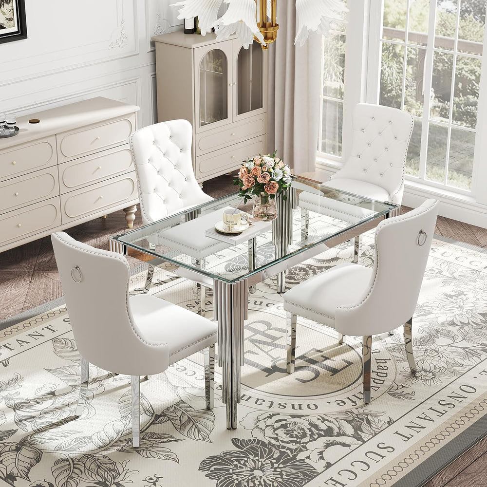 Modern Rectangle Glass Dining Table for 4-6 People, 53" Clear Tempered G...