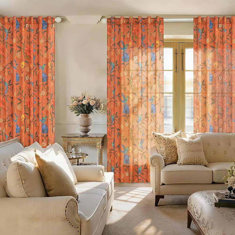 Terracotta Floral Linen Curtains, Boho Whimsical Bird Print Curtains for Bedr...