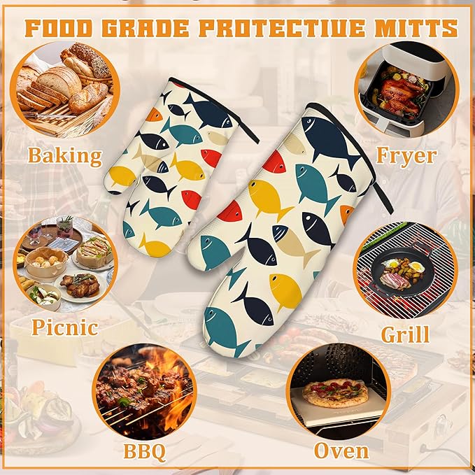 Cute Fish Oven Mitts and Pot Holders Set, Boho Kitchen Decor Heat Resistant Non - Image 5