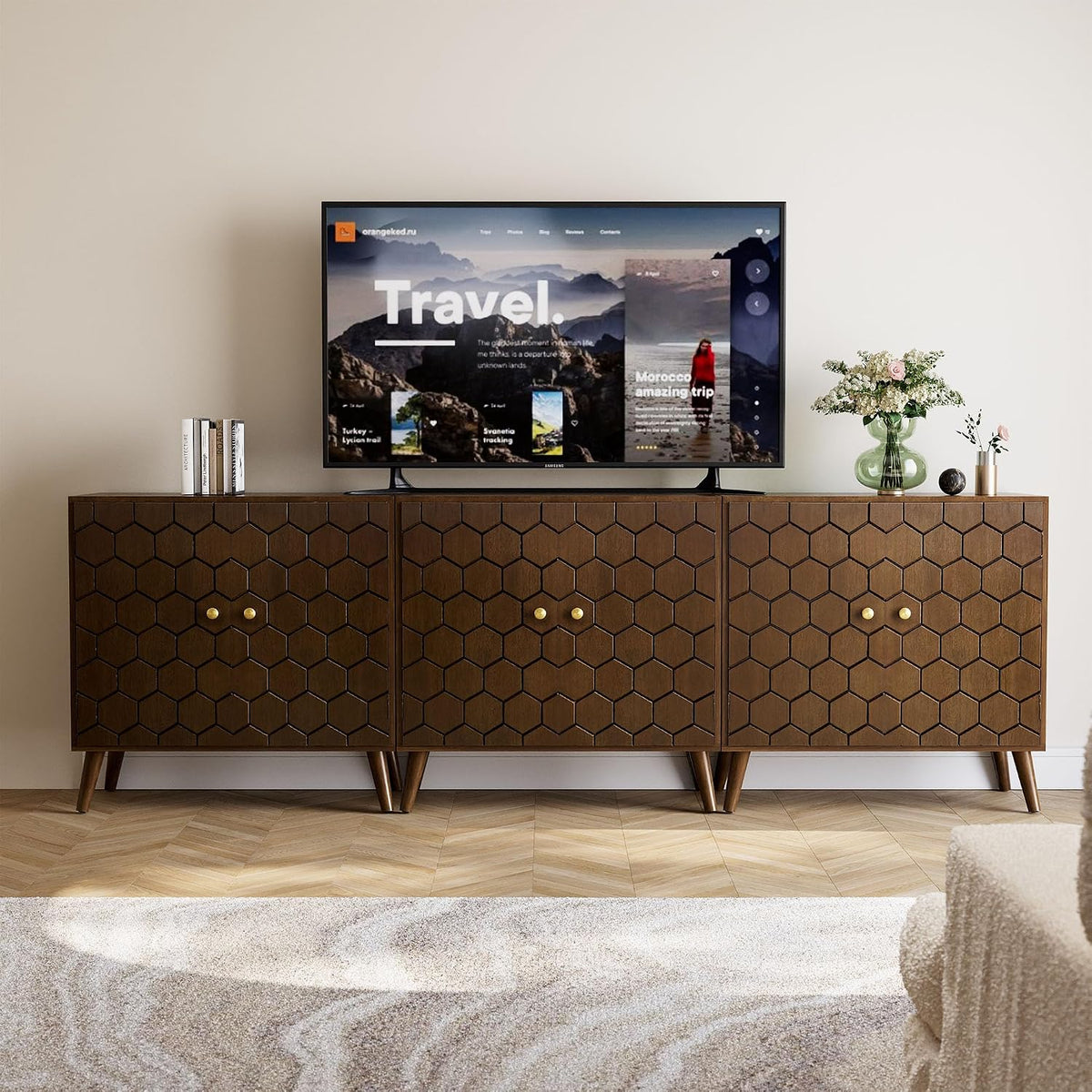 cosiest set of 3 32" storage sideboards with shown in use