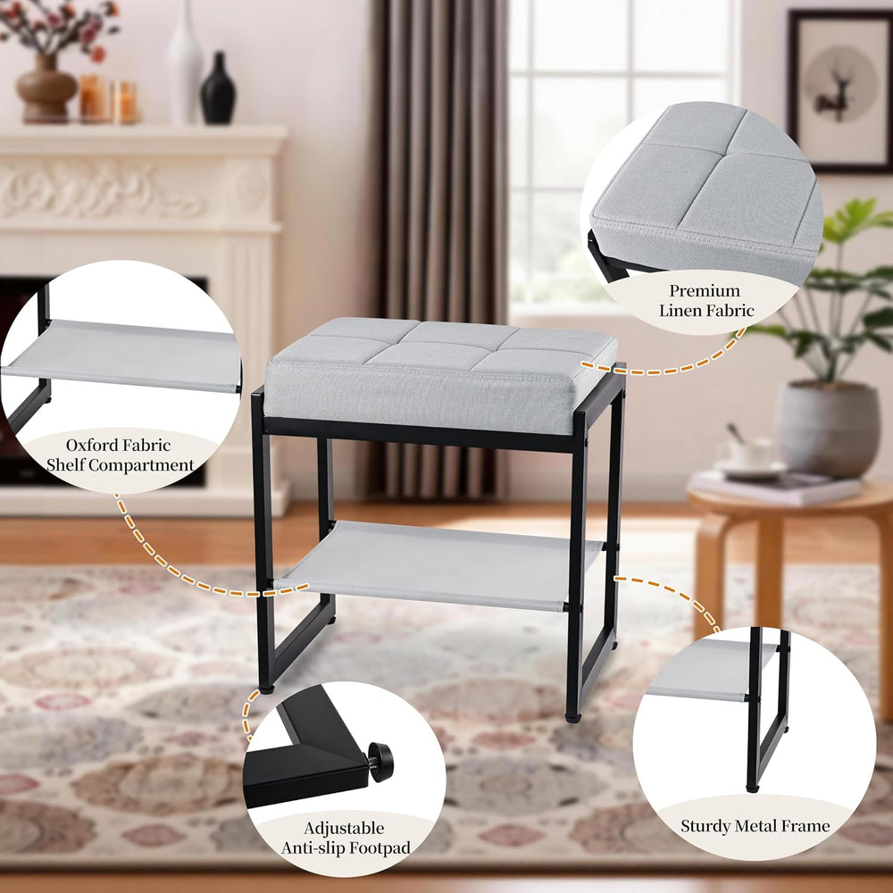 Vanity Stool, Vanity Chair Stools with a Lower Storage Shelf, Square Linen Up...