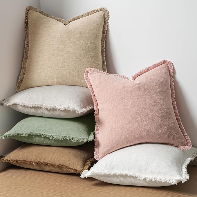MIULEE Decorative Throw Pillow Covers Neutral Linen Fringe Throw Pillows Euro - Image 5