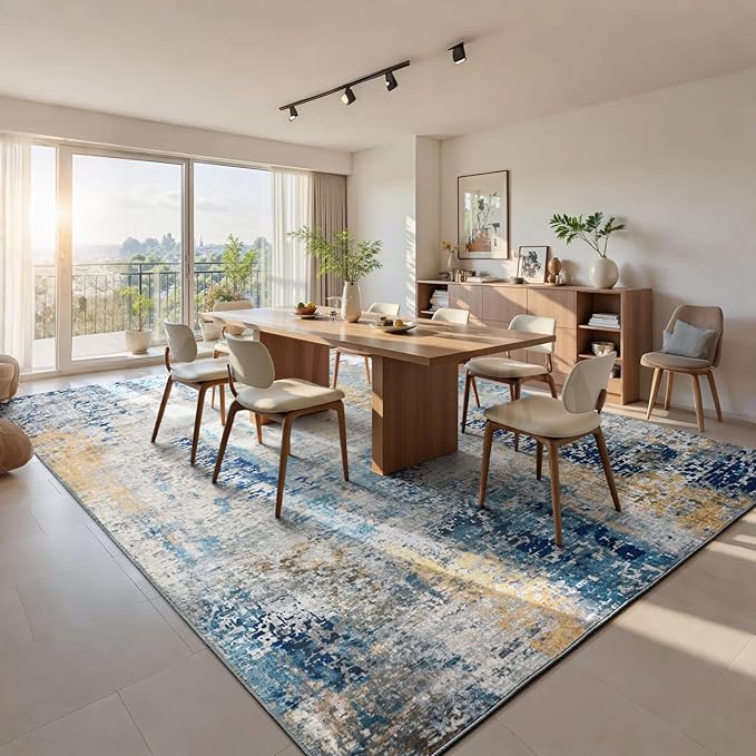 Living Room Rug 7x10 Ultramarine Area Rugs Machine Washable Abstract Boho Large - Image 2