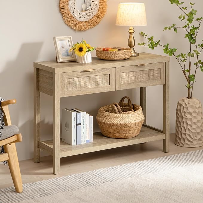 SICOTAS Rattan Console Table for Entryway - Boho Entryway Table with Storage ...