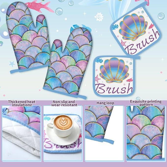 Fourluoo 10 Pcs Mermaid Kitchen Dish Towels Rugs Oven Mitts and Pot Holders Set - Image 5