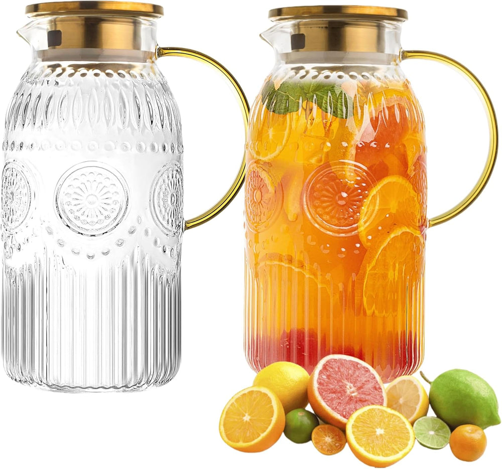 Amzcku Glass Pitcher with Lid, 68 oz/ 2 Liter 2Pack Vintage Water Pitcher
