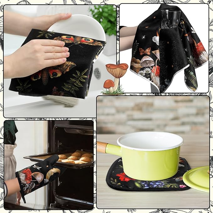 12 Pcs Black Witchy Kitchen Decor Set 4 Mushroom Kitchentowels 4 Absorbent - Image 4