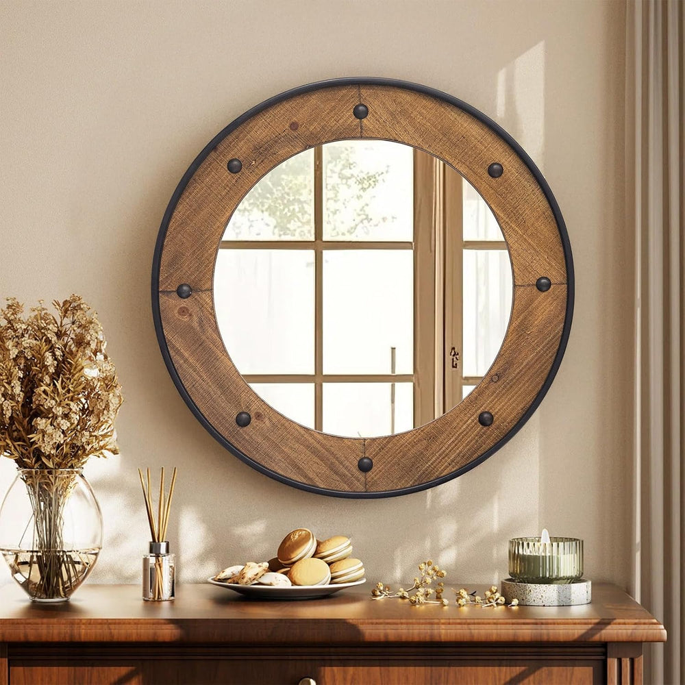 Rustic Round Wall Mirror 24 Inch, Natural Wood Frame with Black Metal Trim, I...