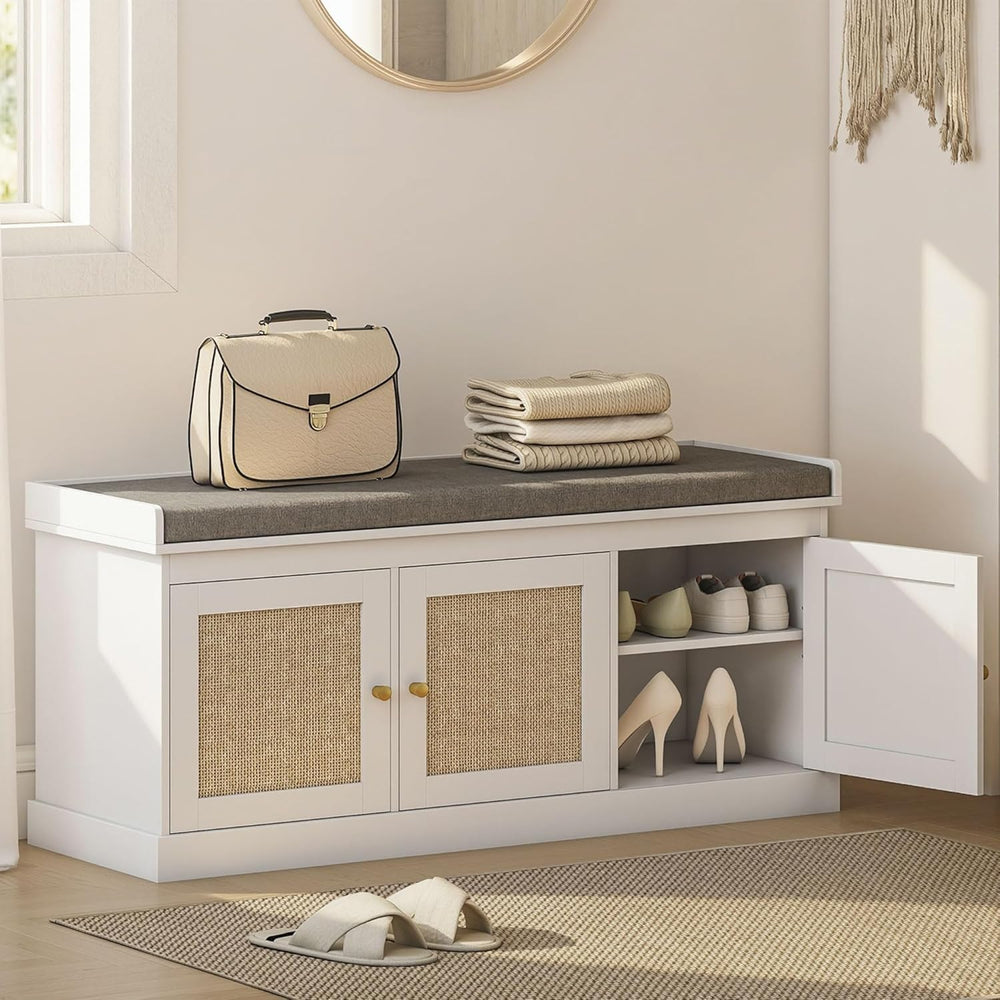 HOMCOM Shoe Bench with Woven Rattan Doors, Shoe Storage Bench with Cushion, A...