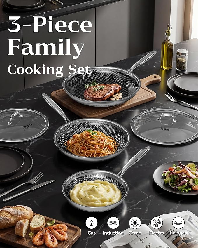 Nonstick Frying Pan Set, 8+10+12 Inch, Honeycomb Stainless Steel Skillet Pans - Image 2