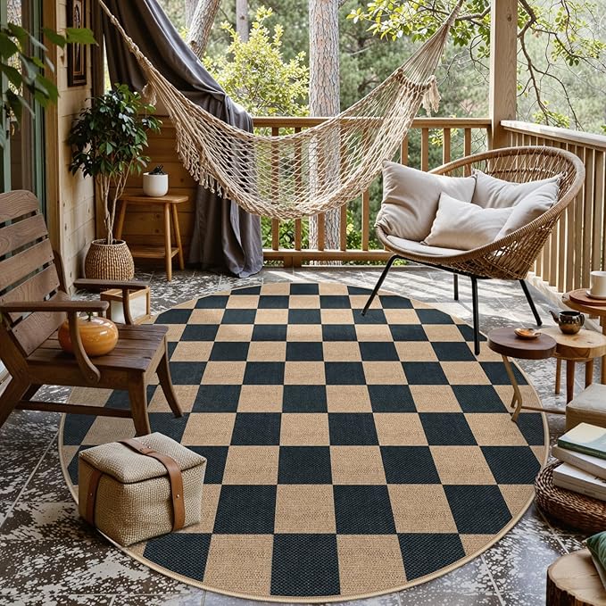Lahome Colette Checkered Round Rugs 6ft, Outdoor Patio Easy Jute Rug Indoor - Image 7