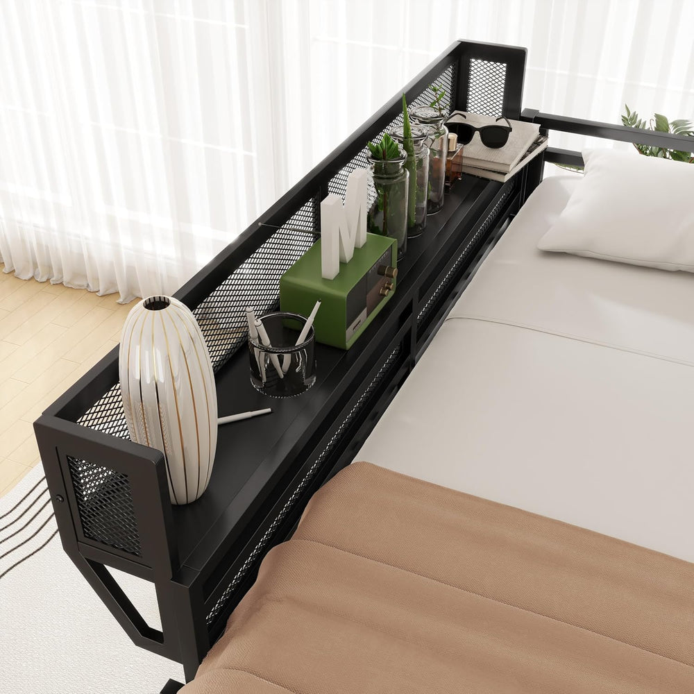 Full Size Metal Loft Bed Frame with Ladder and Built-in Storage Shelves, for ...